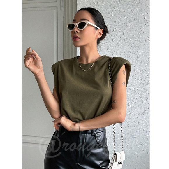 Cotton Padded Shoulders Army Green Muscle Tee Shirt Crew Neck - Picture 3 of 9